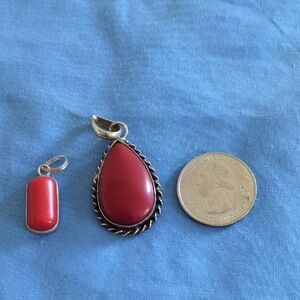Red Cabachon Pendant And Bright Red Orange Coral Pendant Set For One Price